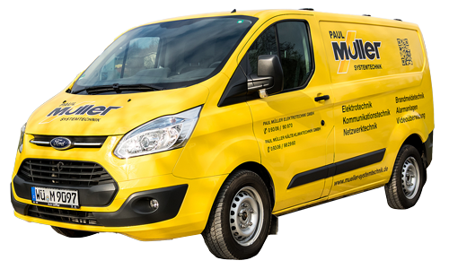 das gelbe Firmenfahrzeug der Paul Müller GmbH Elektrotechnik aus Eisingen bei Würzburg als Markenzeichen